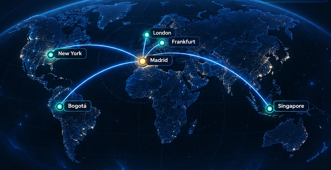 Mappa della rete globale tra New York, Londra, Madrid, Francoforte, Bogotá e Singapore